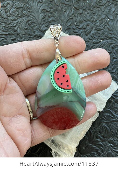 Green White and Red Watermelon Druzy Agate Stone Crystal Pendant - #3rm9dEXSt3g-2