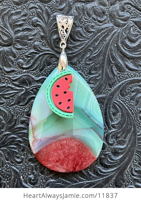 Green White and Red Watermelon Druzy Agate Stone Crystal Pendant - #3rm9dEXSt3g-1