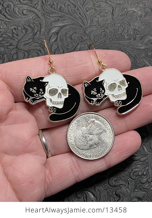 Halloween Black Cat Curled Around Skull Witchy Earrings - #h4LJJVTAMJ4-4