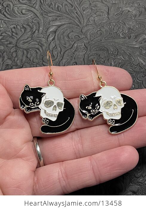 Halloween Black Cat Curled Around Skull Witchy Earrings - #h4LJJVTAMJ4-1