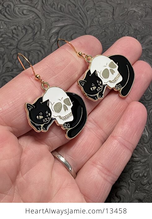 Halloween Black Cat Curled Around Skull Witchy Earrings - #h4LJJVTAMJ4-2