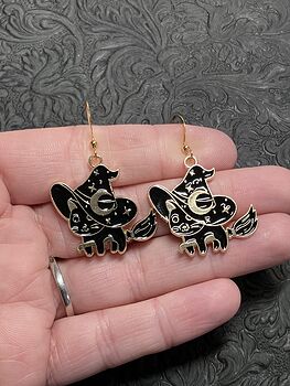 Halloween Black Cat Flying on a Broom Witchy Earrings #jEzFLpYwVhU