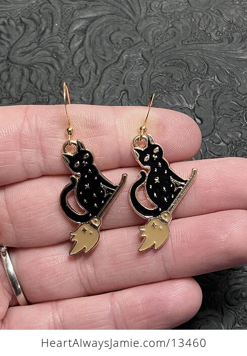 Halloween Black Cat Flying on a Broom Witchy Earrings - #BRFU1Rfilx0-1