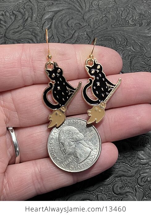 Halloween Black Cat Flying on a Broom Witchy Earrings - #BRFU1Rfilx0-4