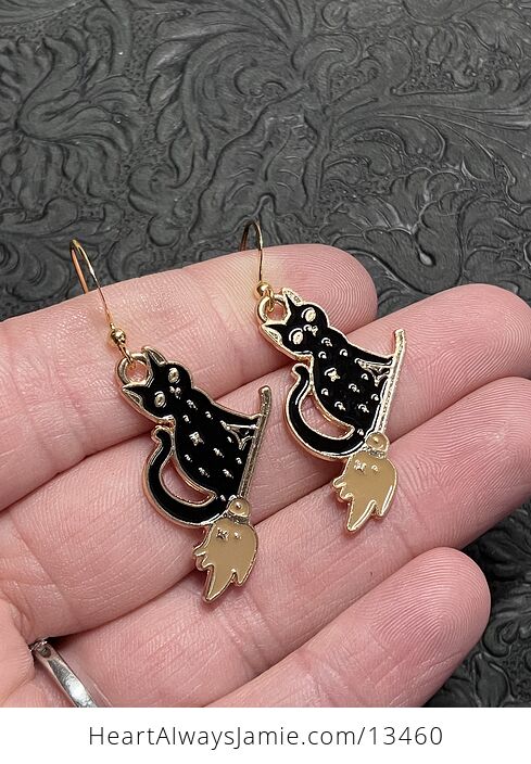 Halloween Black Cat Flying on a Broom Witchy Earrings - #BRFU1Rfilx0-2