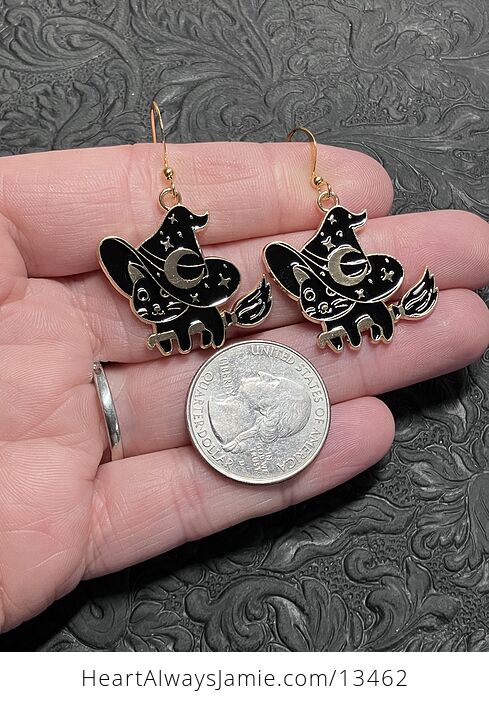 Halloween Black Cat Flying on a Broom Witchy Earrings - #jEzFLpYwVhU-4