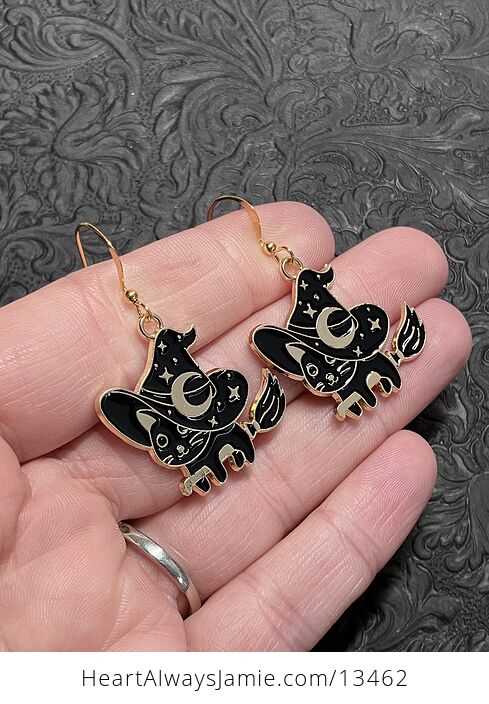 Halloween Black Cat Flying on a Broom Witchy Earrings - #jEzFLpYwVhU-2