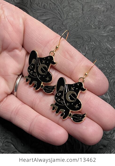 Halloween Black Cat Flying on a Broom Witchy Earrings - #jEzFLpYwVhU-3