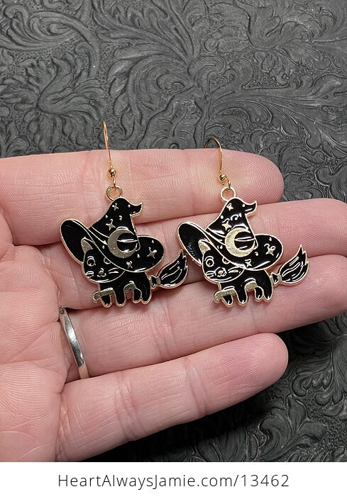 Halloween Black Cat Flying on a Broom Witchy Earrings - #jEzFLpYwVhU-1