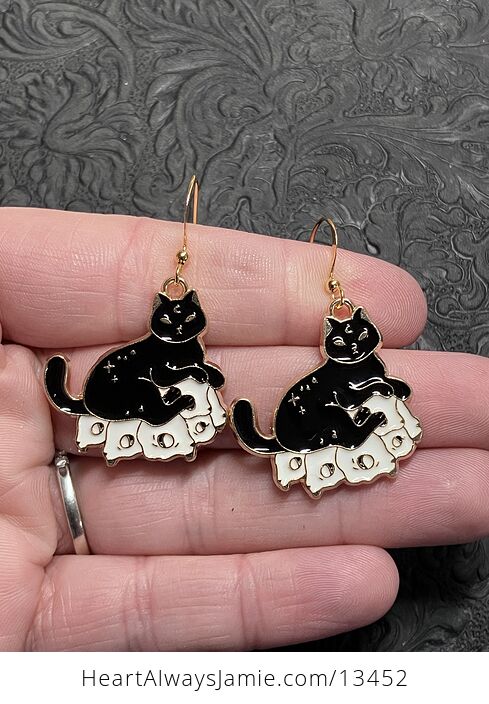 Halloween Black Cat on Skulls Book Witchy Earrings - #BlNvdAGNRcs-1