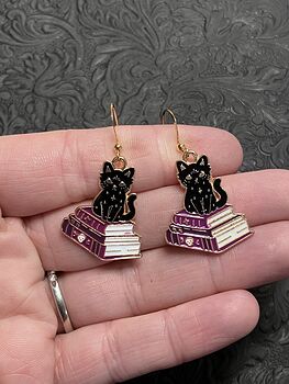 Halloween Black Cat on Spell Book Witchy Earrings #5FKP4c4Mr10