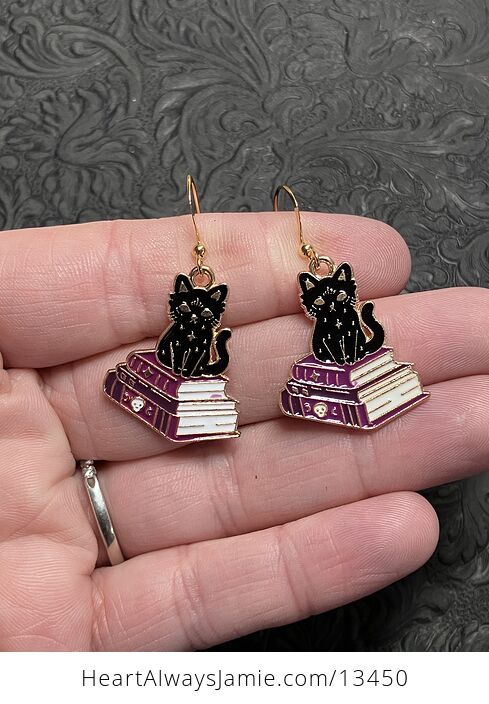 Halloween Black Cat on Spell Book Witchy Earrings - #5FKP4c4Mr10-1