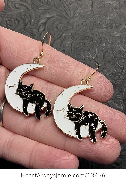 Halloween Black Cat Sleeping on Crescent Moon Witchy Earrings - #TETSVriF8Oc-3