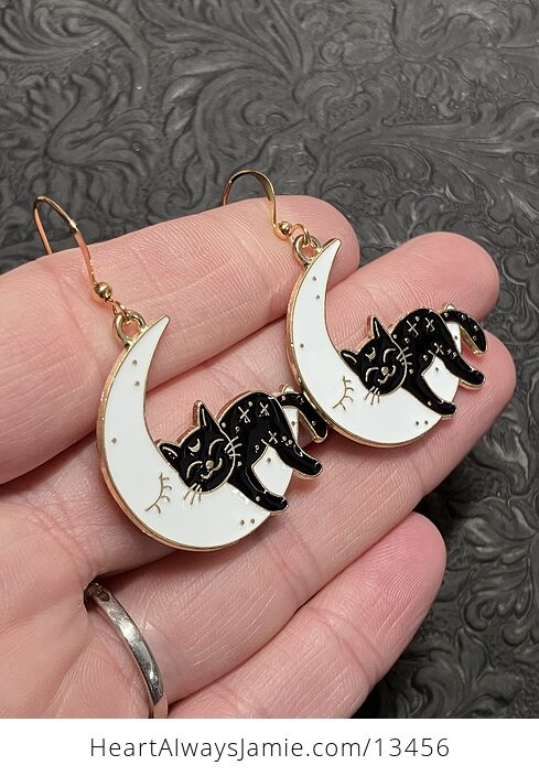 Halloween Black Cat Sleeping on Crescent Moon Witchy Earrings - #TETSVriF8Oc-2