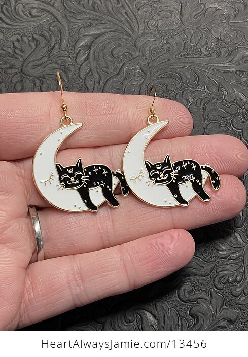 Halloween Black Cat Sleeping on Crescent Moon Witchy Earrings - #TETSVriF8Oc-1