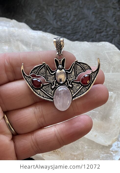 Halloween Flying Vampire Bat Rose Quartz and Garnet Gemstone Crystal Jewelry Pendant Charm - #H7w1IxKsjpc-1