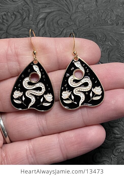 Halloween Ouija Planchette Flower and Serpent Witchy Earrings - #oxPTZWgBDr4-1