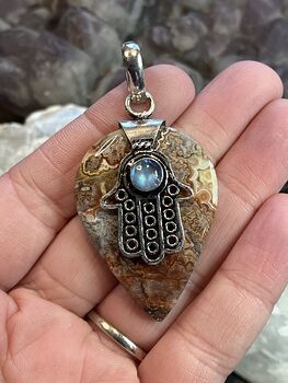Hamsa Hand Crazy Lace Agate and Rainbow Moonstone Stone Crystal Jewelry Pendant #HYXODr55z84