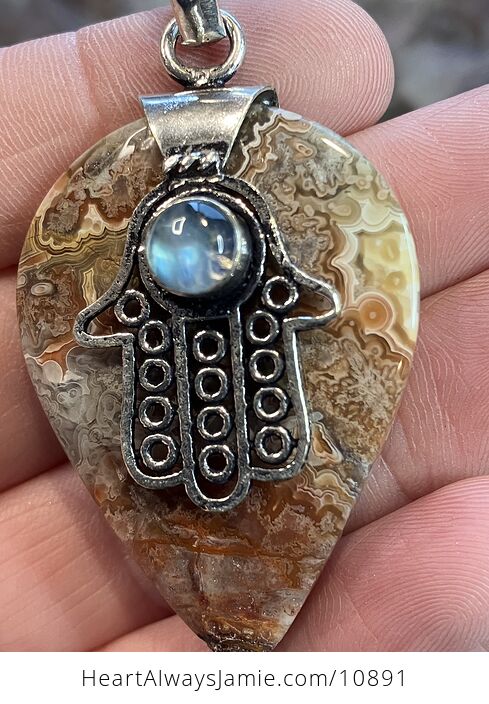 Hamsa Hand Crazy Lace Agate and Rainbow Moonstone Stone Crystal Jewelry Pendant - #HYXODr55z84-5