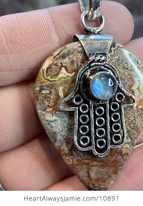 Hamsa Hand Crazy Lace Agate and Rainbow Moonstone Stone Crystal Jewelry Pendant - #HYXODr55z84-6