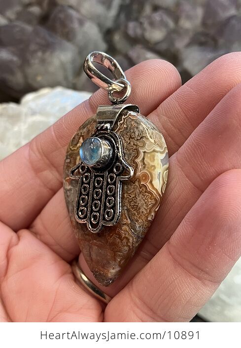 Hamsa Hand Crazy Lace Agate and Rainbow Moonstone Stone Crystal Jewelry Pendant - #HYXODr55z84-2