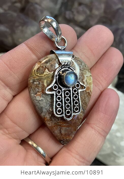 Hamsa Hand Crazy Lace Agate and Rainbow Moonstone Stone Crystal Jewelry Pendant - #HYXODr55z84-3