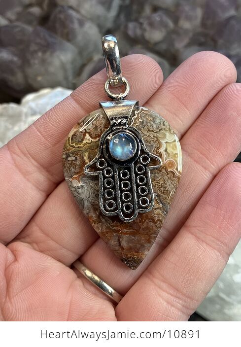 Hamsa Hand Crazy Lace Agate and Rainbow Moonstone Stone Crystal Jewelry Pendant - #HYXODr55z84-1