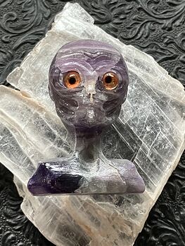 Hand Carved Alien Bust Figurine in Amethyst Crystal Stone #EK8wRxJp3AI