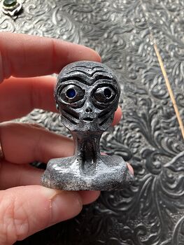 Hand Carved Alien Bust Figurine in Grey Crystal Stone #v3WxgBzkgIQ