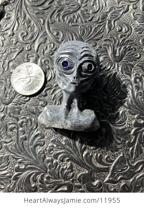 Hand Carved Alien Bust Figurine in Grey Crystal Stone - #v3WxgBzkgIQ-7