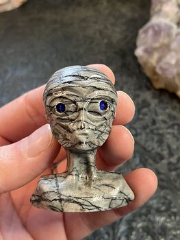 Hand Carved Alien Bust Figurine in Line Jasper Crystal Stone #ekh51WQGDSI