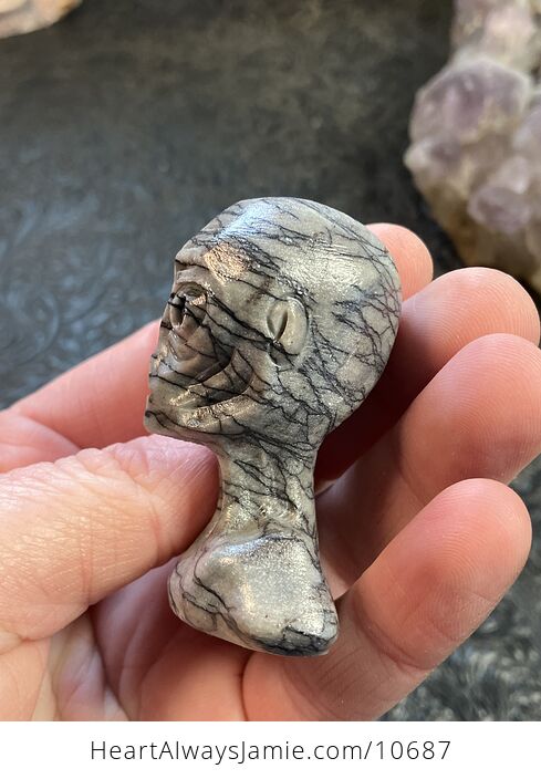 Hand Carved Alien Bust Figurine in Line Jasper Crystal Stone - #ekh51WQGDSI-6