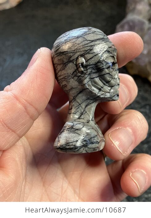 Hand Carved Alien Bust Figurine in Line Jasper Crystal Stone - #ekh51WQGDSI-4