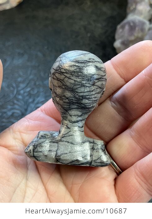 Hand Carved Alien Bust Figurine in Line Jasper Crystal Stone - #ekh51WQGDSI-5