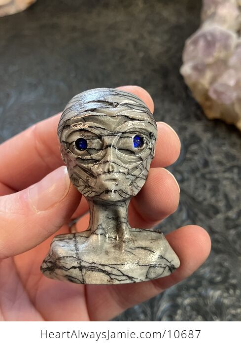 Hand Carved Alien Bust Figurine in Line Jasper Crystal Stone - #ekh51WQGDSI-1