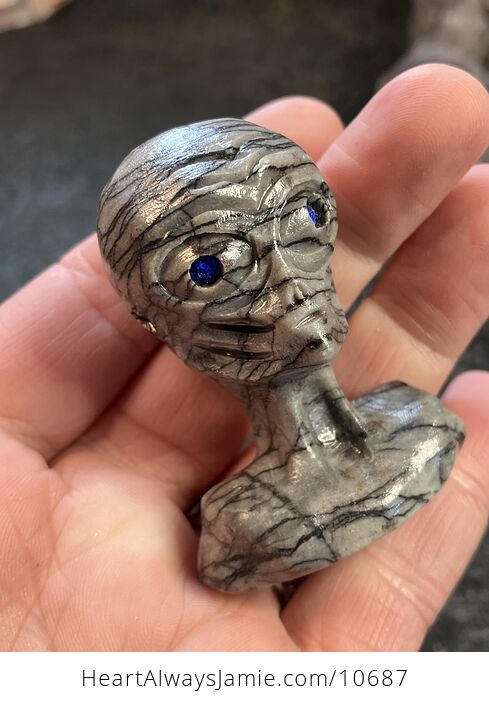 Hand Carved Alien Bust Figurine in Line Jasper Crystal Stone - #ekh51WQGDSI-2