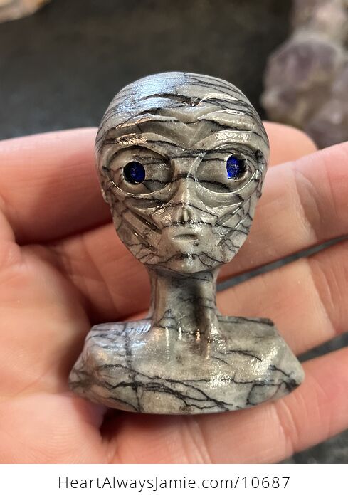 Hand Carved Alien Bust Figurine in Line Jasper Crystal Stone - #ekh51WQGDSI-3