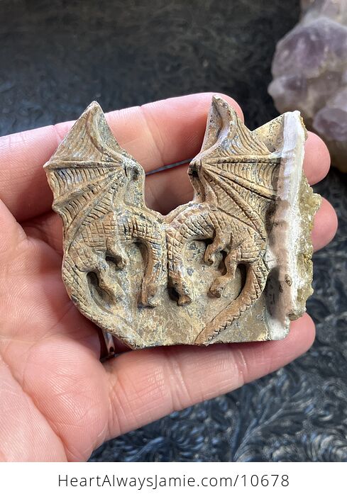 Hand Carved Dual Dragons Forming a Heart Figurine in Stone with Crystals - #j7OL29NY9Ys-1