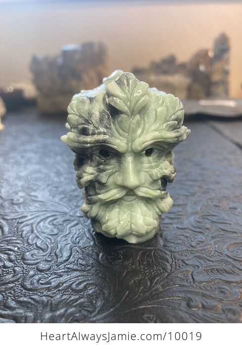 Hand Carved Green Man with Face and Leaves Carved Xiu Yan Jade Crystal Stone Rock Figurine - #z8REQNef1k0-1