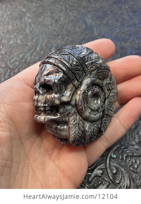 Hand Carved Native American Skull with Headdress Figurine in Black Network Stone - #c7myMU3gODA-7