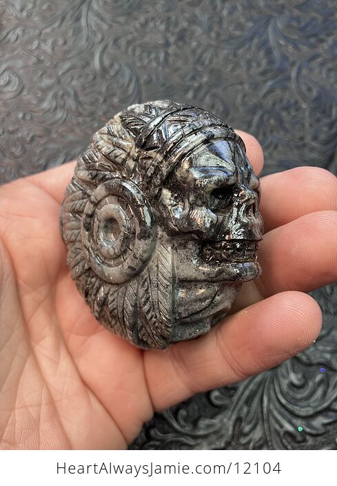 Hand Carved Native American Skull with Headdress Figurine in Black Network Stone - #c7myMU3gODA-2