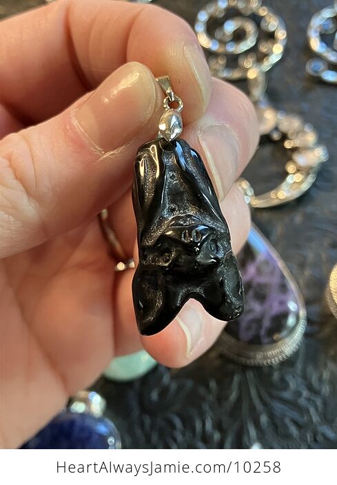 Hand Carved Obsidian Vampire Bat Pendant Necklace - #Os7ss1OJt5o-1