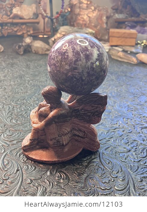 Hand Carved Sitting Fairy Figurine Sphere Holder in Quartzite Crystal Stone - #GZFJcecarfo-7