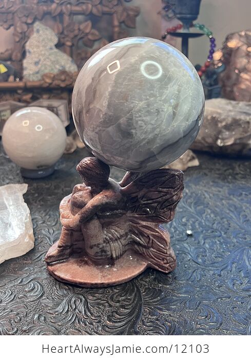 Hand Carved Sitting Fairy Figurine Sphere Holder in Quartzite Crystal Stone - #GZFJcecarfo-5