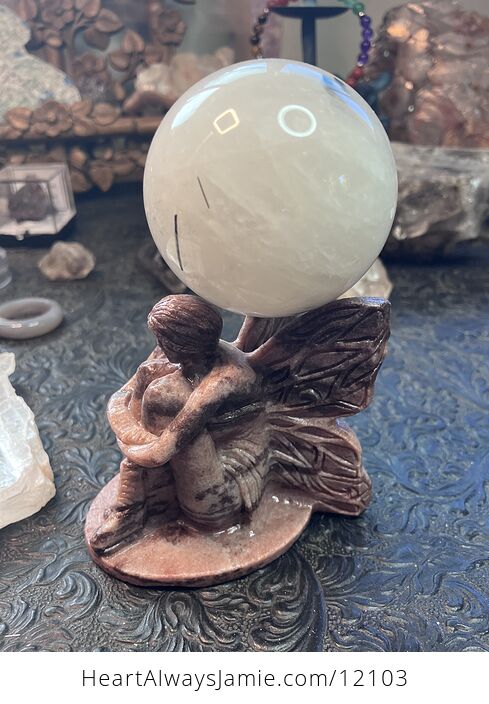 Hand Carved Sitting Fairy Figurine Sphere Holder in Quartzite Crystal Stone - #GZFJcecarfo-6