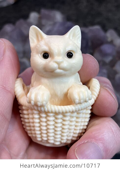 Hand Carved Tagua Nut Kitten in a Basket Figurine - #vXvfJs47UfY-1