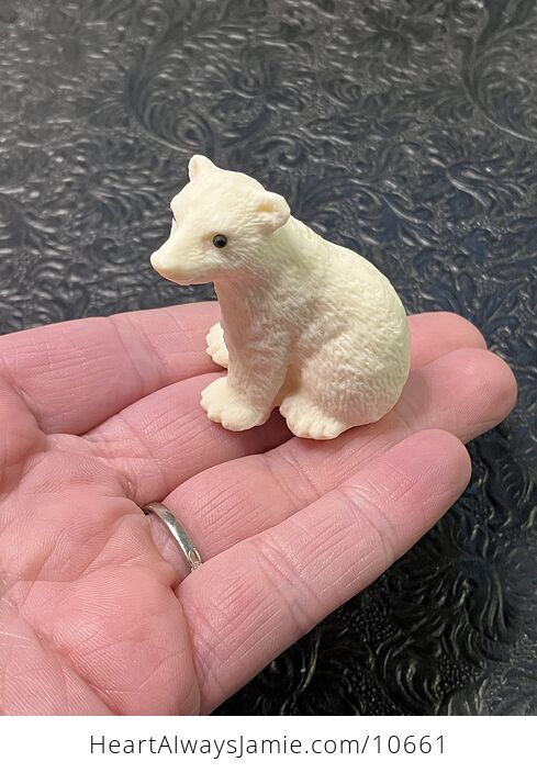 Hand Carved Tagua Nut Sitting Polar Bear Cub Figurine - #QmrTXLi44Jw-1