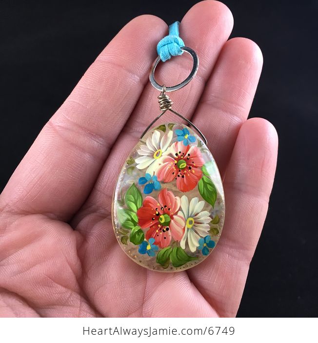 Hand Painted Flower Glass Jewelry Pendant Necklace - #AusfOEEInD4-1