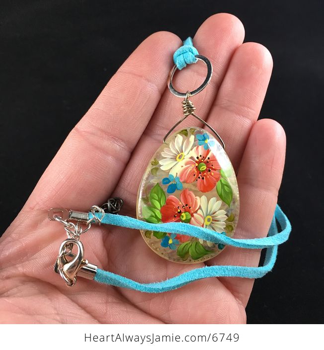Hand Painted Flower Glass Jewelry Pendant Necklace - #AusfOEEInD4-2
