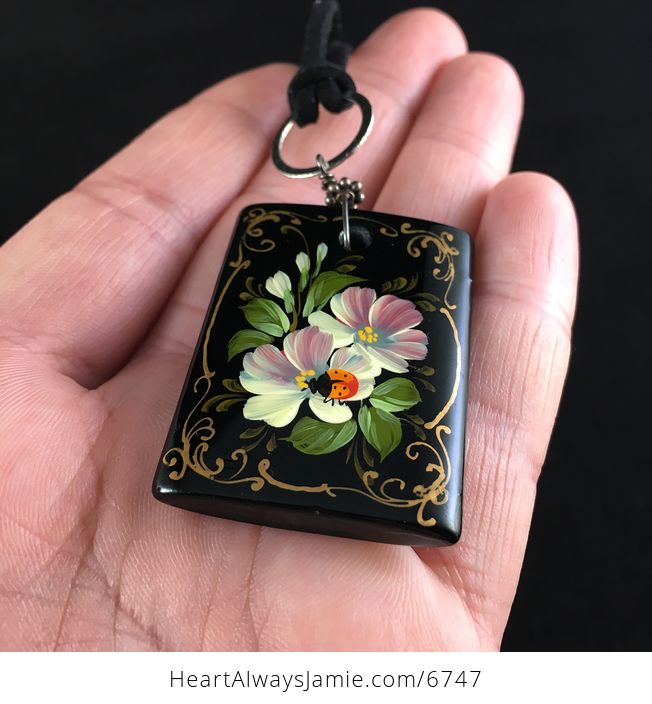 Hand Painted Ladybug and Flower Black Glass Jewelry Pendant Necklace - #h6AyPSf7Z4I-3
